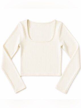 OQQ Ribbed Square Neck Long Sleeve Crop Top Cream Size S NWOT
